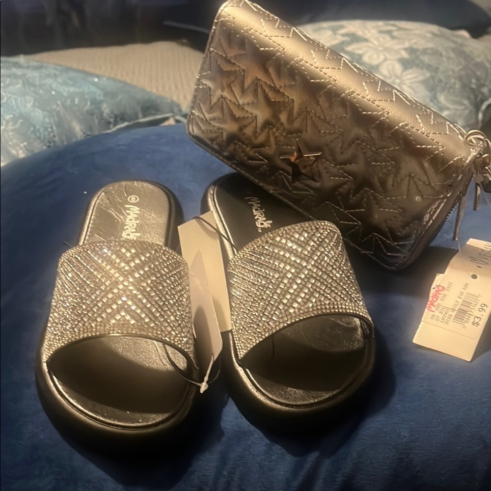Madrag Silver Slide Sandals and purse